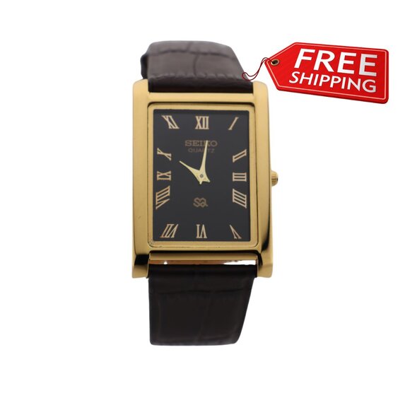 Seiko Slim Vintage Quartz Men's  Wrist Watch Black Dial with new Dark BrownStrap - Picture 1 of 7